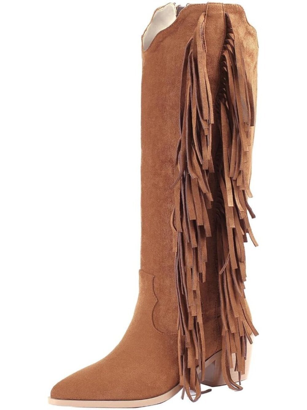 Women's Brown Cowgirl Fringe Boots White Tassels Knee High Pointed Toe Boots